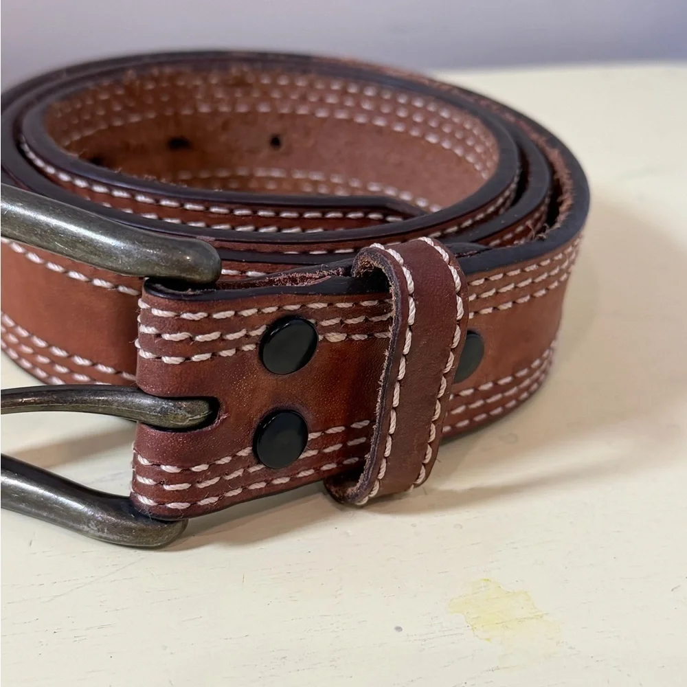 Mountain Khakis Size 38 Made in USA Genuine Chestnut Leather Belt with Stitching